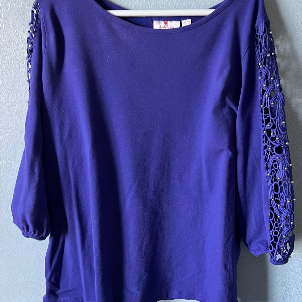 Quacker Factory Royal Blue Blouse with Lace Sleeves